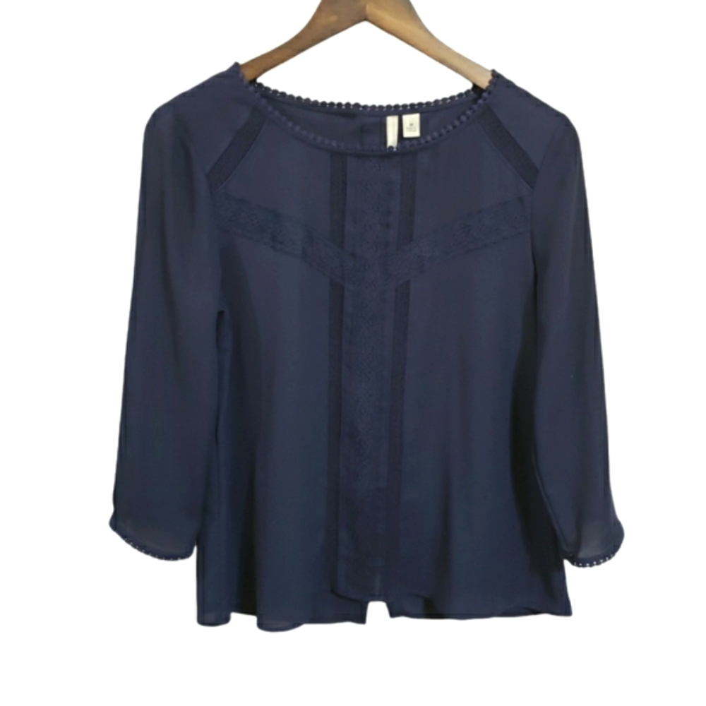 LC Lauren Conrad Navy Blue 3/4 Sleeve Button Back Blouse Women's Medium